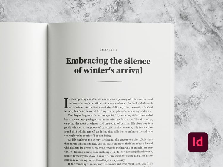 Mockup of the book showing a spread with chapter, headline and copy. On the right bottom corner is an InDesign icon