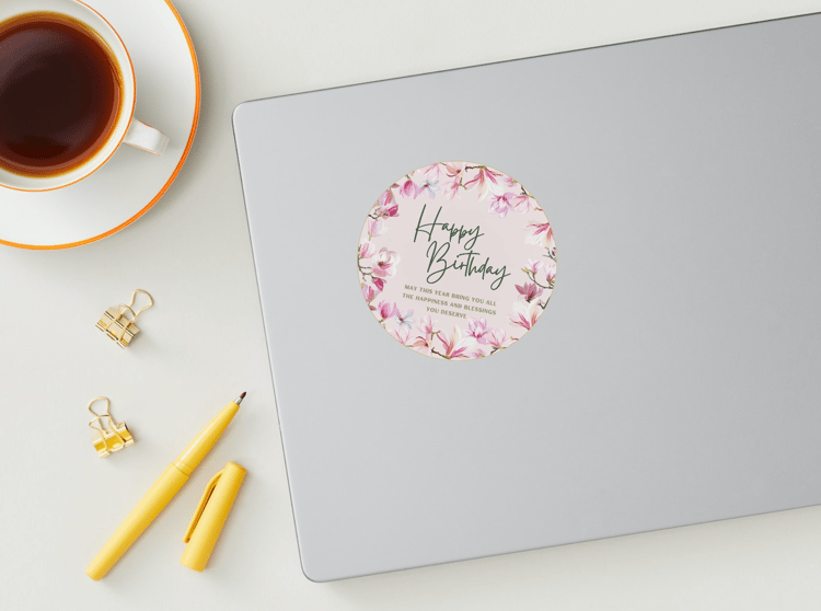 Purple Full Bloom Floral Circle Sticker | Customizable Canva Template | Digital. Mock sticker on laptop