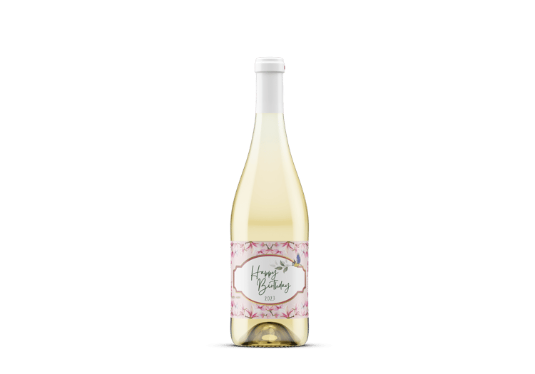 Pink Magnolia Sticker Label 6"x4" | Customizable Canva Template | Digital. Mock sticker on white wine bottle