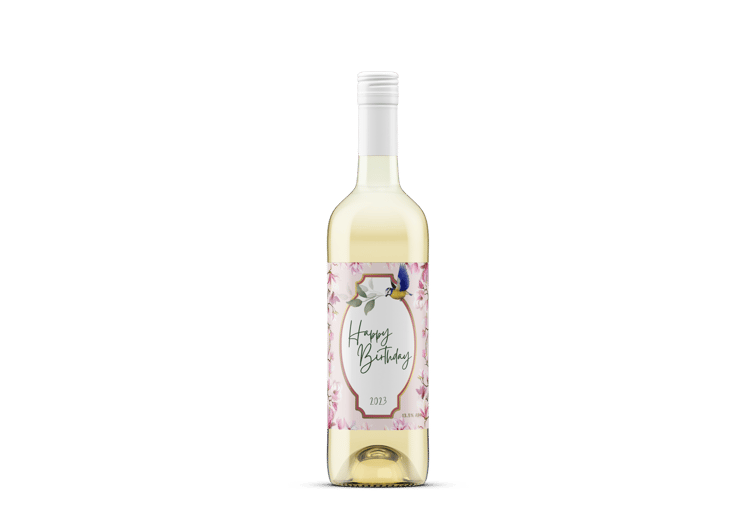 Pink Magnolia Flower Sticker Label 4"x6" | Customizable Canva Template | Digital. Mock sticker on wine bottle