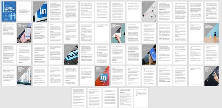 A snapshot of the pages of the ebook, Linkedin Marketing School