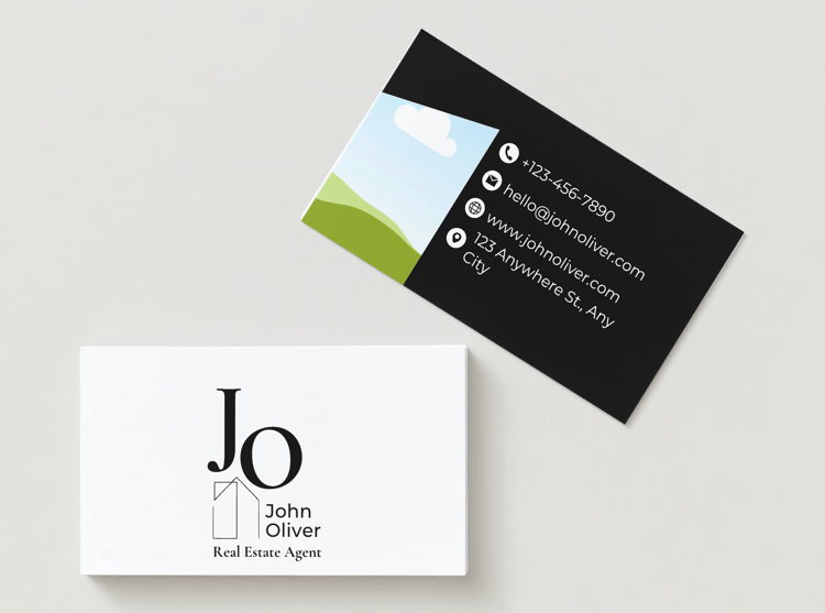 Customizable Modern, minimalist initials with house motif Business Card Template for Canva - Small Business Branding, mock white front