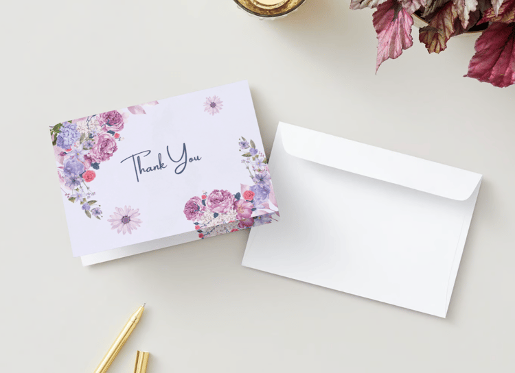 Purple Full Bloom Floral Folded Card Landscape | Customizable Canva Template | Digital. Mock outside front