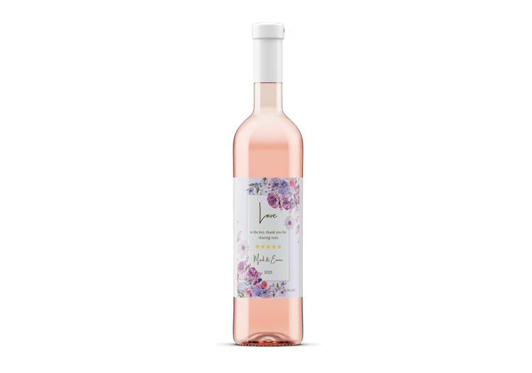 Purple Full Bloom Floral Sticker Label 4"x6" | Customizable Canva Template | Digital. Mock sticker on rose wine bottle