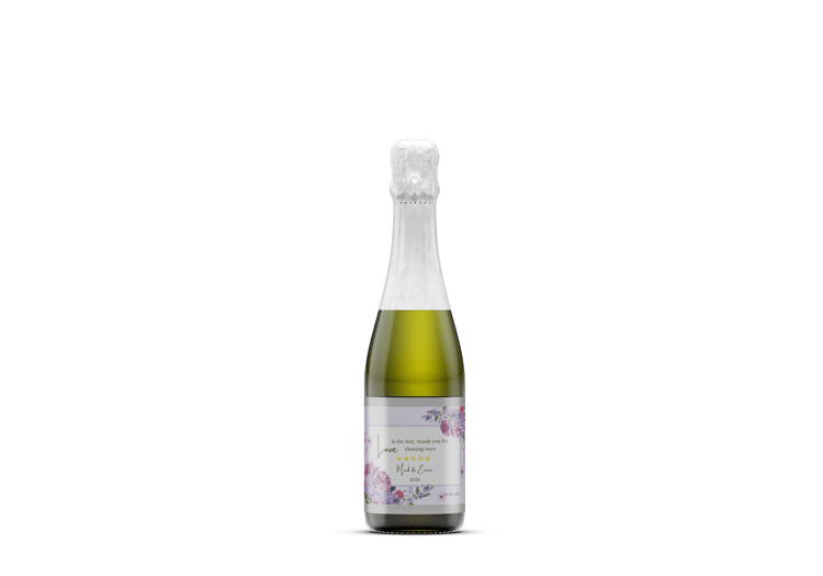Purple Full Bloom Floral Sticker Label 4"x3" | Customizable Canva Template | Digital. Mock sticker on small wine bottle