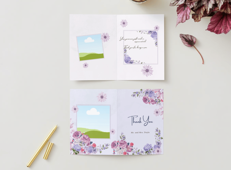 Purple Full Bloom Floral Folded Card Portrait | Customizable Canva Template | Digital. Mock outside and inside