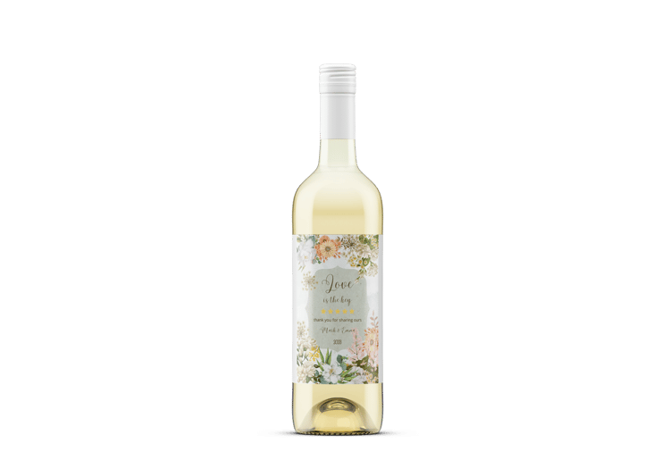 Vibrant Full Bloom Floral Sticker Label 4"x6" | Customizable Canva Template | Digital. Mock sticker on white wine bottle
