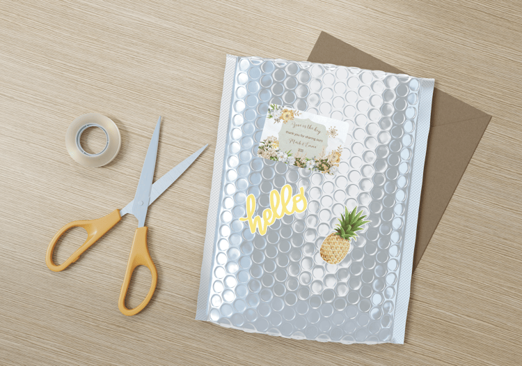 Vibrant Full Bloom Floral Sticker Label 3"x2" | Customizable Canva Template | Digital. Mock sticker on envelope