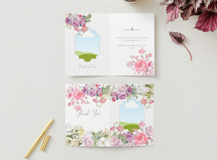 Lush Full Bloom Floral Folded Card Portrait | Customizable Canva Template | Digital. Mock outside and inside