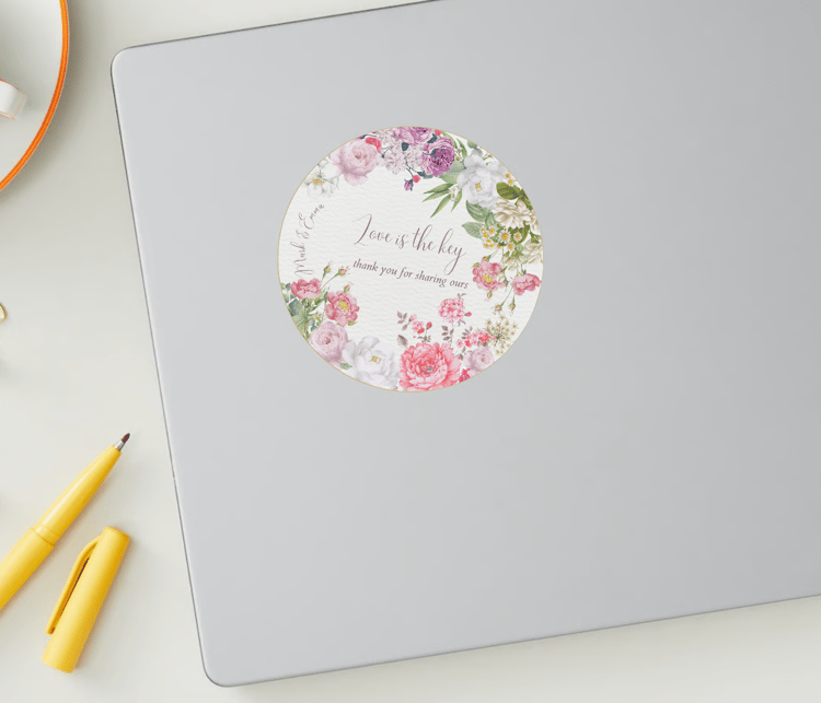 Lush Floral Circle Sticker | Customizable Canva Template | Digital. Mock sticker on laptop