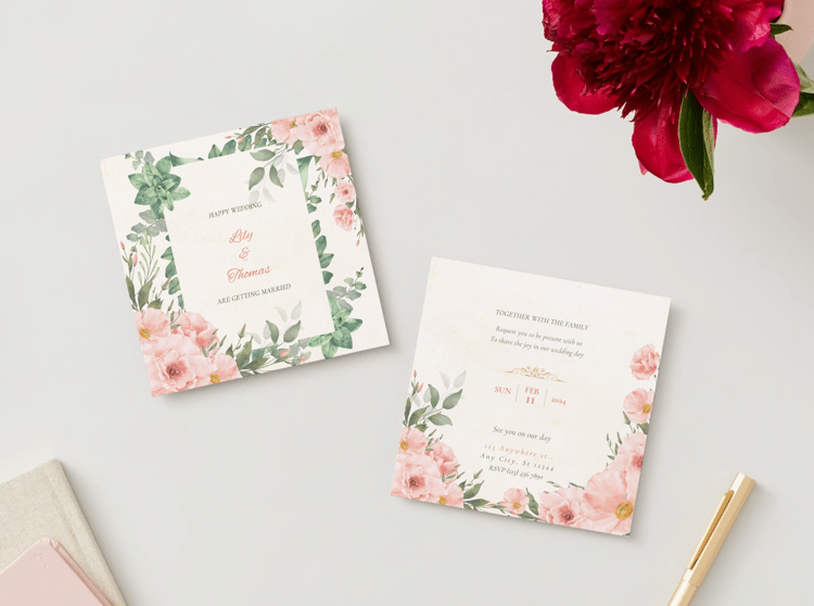 Elegant Pink Rose Wedding Invitation | Customizable Canva Template | Digital Download. Mock Front and Back