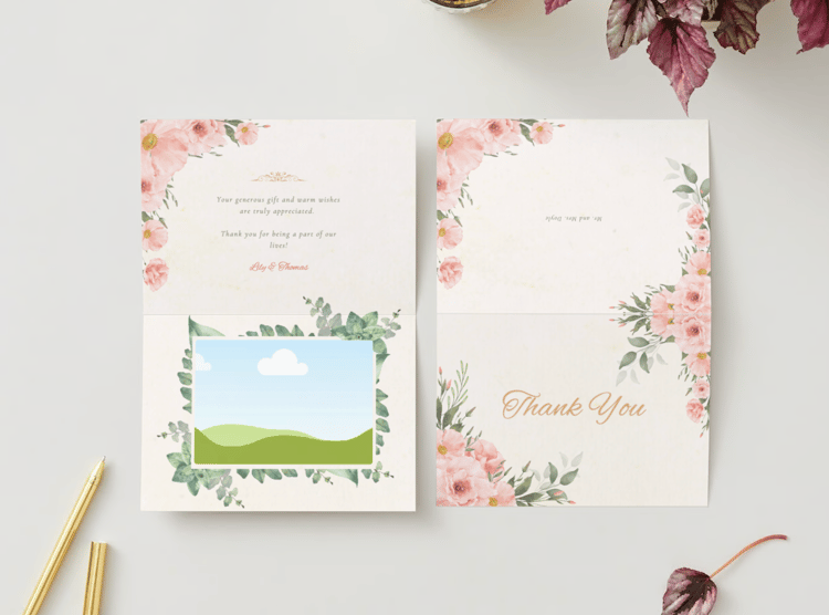Elegant Pink Rose Wedding Folded Card Landscape | Customizable Canva Template | Digital Download. Mock Outside and Inside