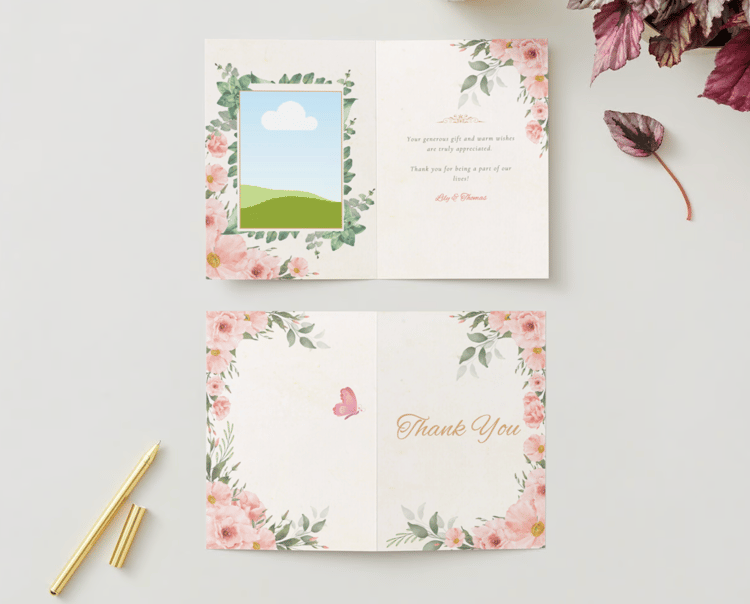 Elegant Pink Rose Wedding Folded Card Portrait | Customizable Canva Template | Digital Download. Mock Outside and Inside