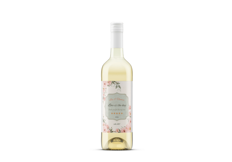 Elegant Pink Rose Wedding Sticker Label 4"x6" | Customizable Canva Template | Digital Download. Mock whine bottle