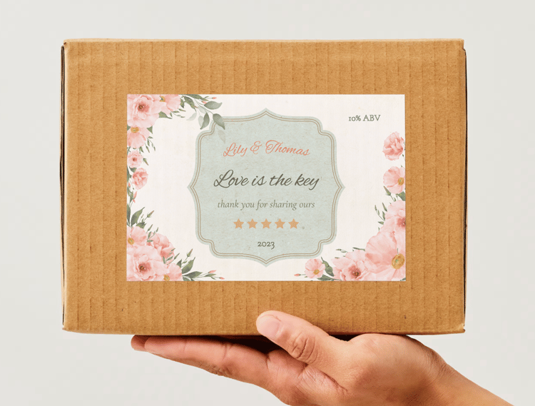 Elegant Pink Rose Wedding Sticker Label 6"x4" | Customizable Canva Template | Digital Download. Mock sticker on box