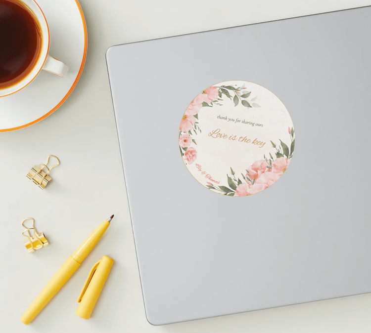 Elegant Pink Rose Wedding Circle Sticker | Customizable Canva Template | Digital Download. Mock sticker on laptop