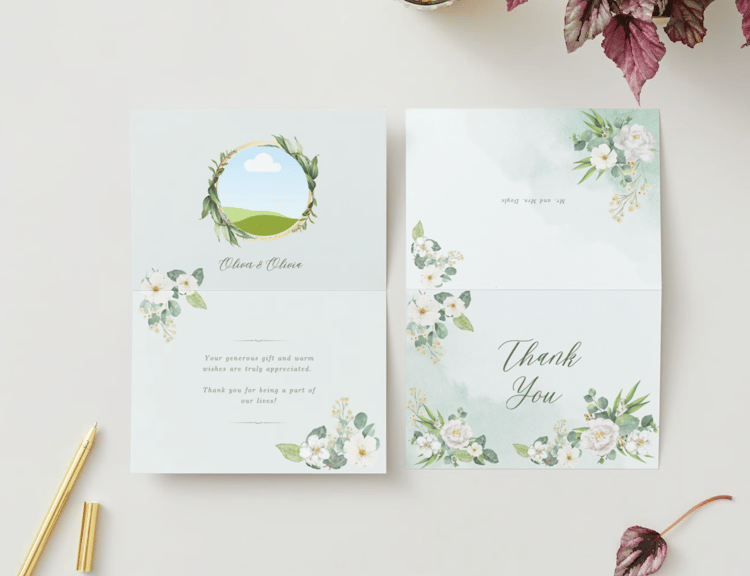 Elegant White Floral Photo Frame Folded Card Landscape | Customizable Canva Template | Digital Download. Mock outside and indside