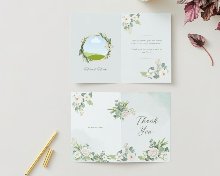 Elegant White Floral Photo Frame Folded Card Portrait | Customizable Canva Template | Digital Download. Mock Outside and Inside