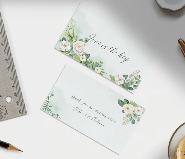 Elegant White Floral Photo Frame Gift/Favor Tag | Customizable Canva Template | Digital Download. Mock Front and Back
