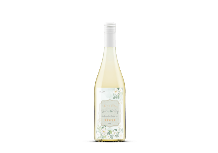 Elegant White Floral Photo Frame Sticker Label 4"x6" | Customizable Canva Template | Digital Download. Mock sticker on wine bottle