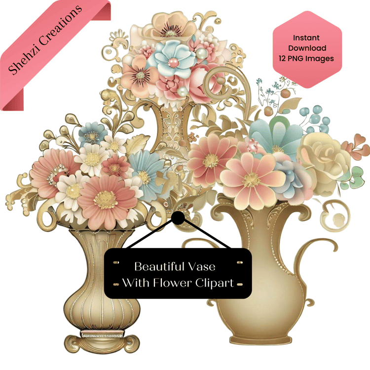 Enhance Your Collection: Vase with Beautiful Flowers Digital Art Set | Instant Download