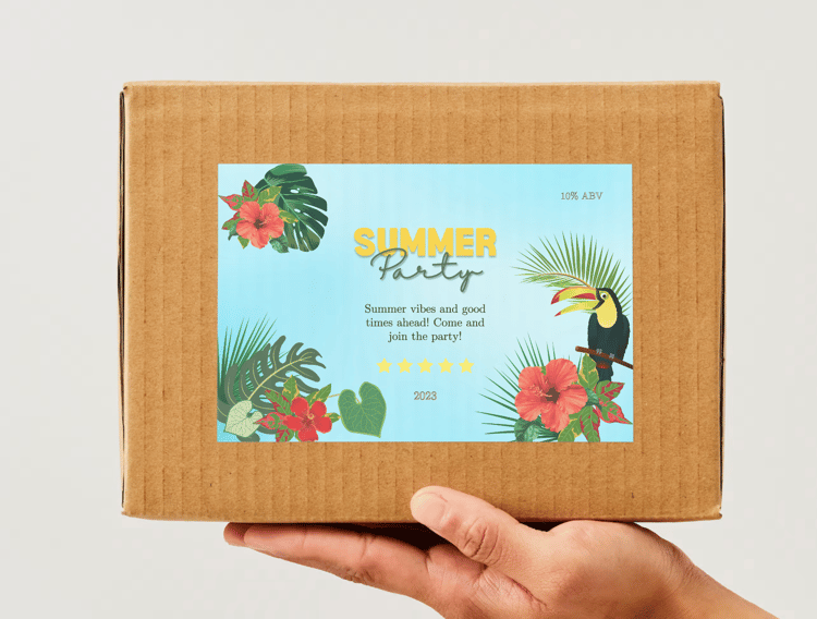 Vibrant Tropical Paradise Design Sticker Label 6"x4" | Customizable Canva Template | Digital. Mock sticker on box