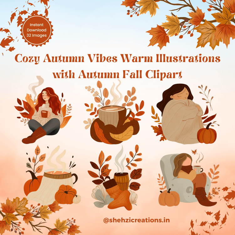 Cozy Autumn Vibes: Instant Download Warm Illustrations with 32 Autumn Fall Clipart Images