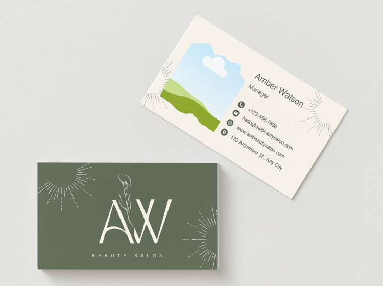 Customizable Feminine initials with a line-drawn flower Business Card Template for Canva - Small Business Branding, mock olive green front