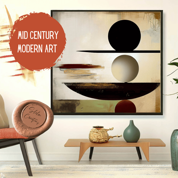 Artistic Balance: Expressive Mid Century Modern Art with Japandi Influence
