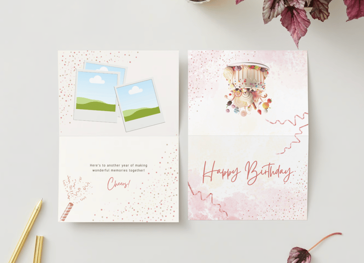 Whimsical Birthday Cake Design Folded Card Landscape | Customizable Canva Template | Digital. Mock Outside and inside