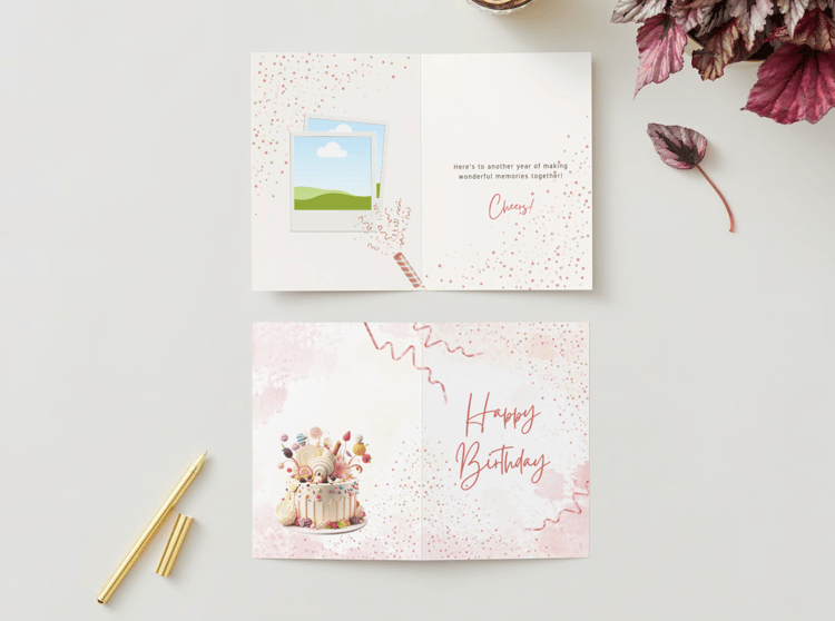 Whimsical Birthday Cake Design Folded Card Portrait | Customizable Canva Template | Digital. Mock outside and inside
