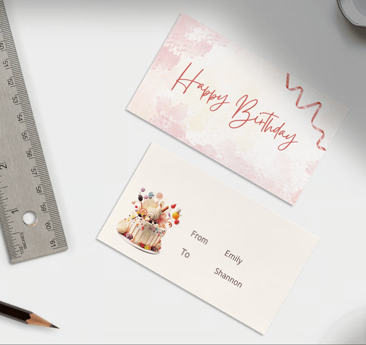 Whimsical Birthday Cake Design Gift/Favor Tag | Customizable Canva Template | Digital. Mock front and back
