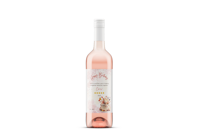 Whimsical Birthday Cake Design Sticker Label 4"x6" | Customizable Canva Template | Digital Download. Mock sticker on wine bottle