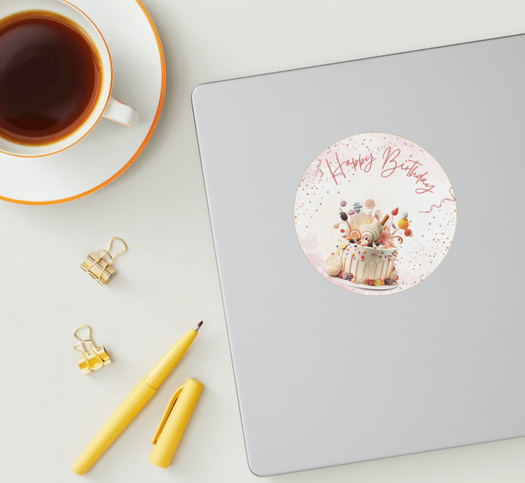 Whimsical Birthday Cake Design Circle Sticker | Customizable Canva Template | Digital. Mock sticker on laptop