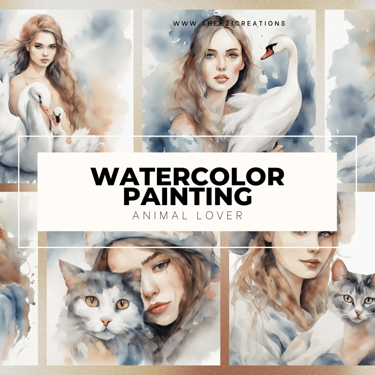 Bonds of Love: Watercolor Portraits of Women and Animals | Instant Download Collection