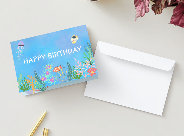 Vibrant Tropical Fish Design Folded Card Landscape | Customizable Canva Template | Digital. Mock Outside front