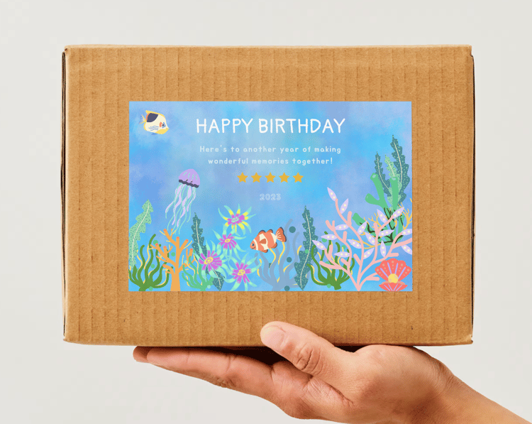 Vibrant Tropical Fish Design Sticker Label 6"x4" | Customizable Canva Template | Digital. Mock sticker on box