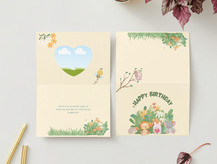 Adorable Animal Pastel Color Folded Card Landscape | Customizable Canva Template | Digital. Mock outside and inside