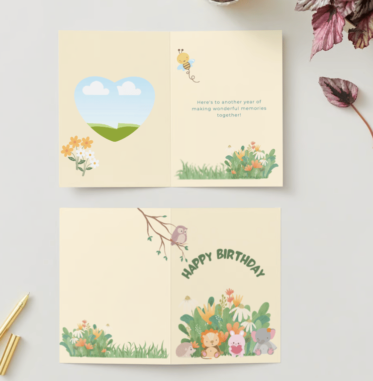 Adorable Animal Pastel Color Folded Card Portrait | Customizable Canva Template | Digital. Mock outside and inside