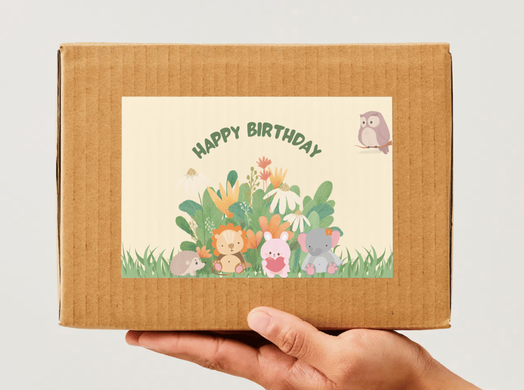 Adorable Animal Pastel Color Sticker Label 6"x4" | Customizable Canva Template | Digital. Mock sticker on box