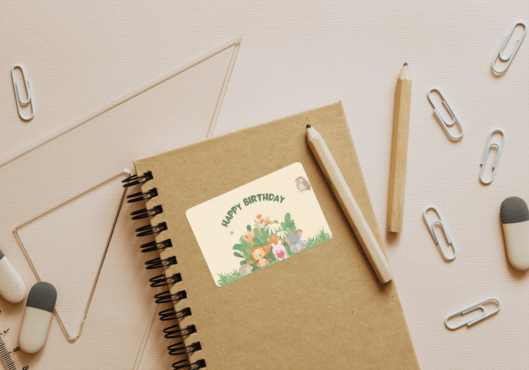 Adorable Animal Pastel Color Sticker Label 3"x2" | Customizable Canva Template | Digital. Mock sticker on notebook