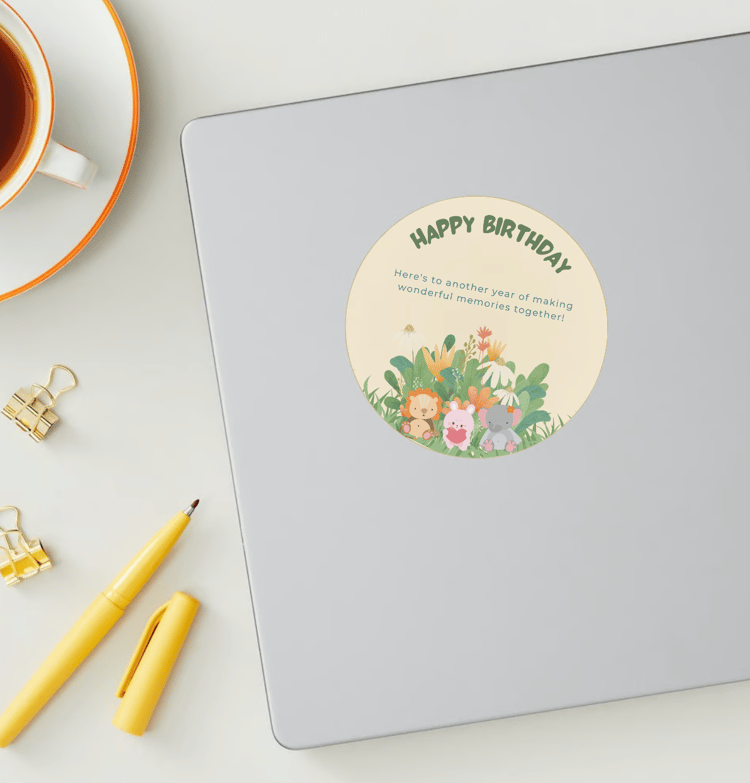 Adorable Animal Pastel Color Circle Sticker | Customizable Canva Template | Digital. Mock sticker on laptop