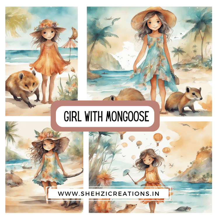 Jungle Tales: Girls Explore with Mongoose Clipart | Instant Download