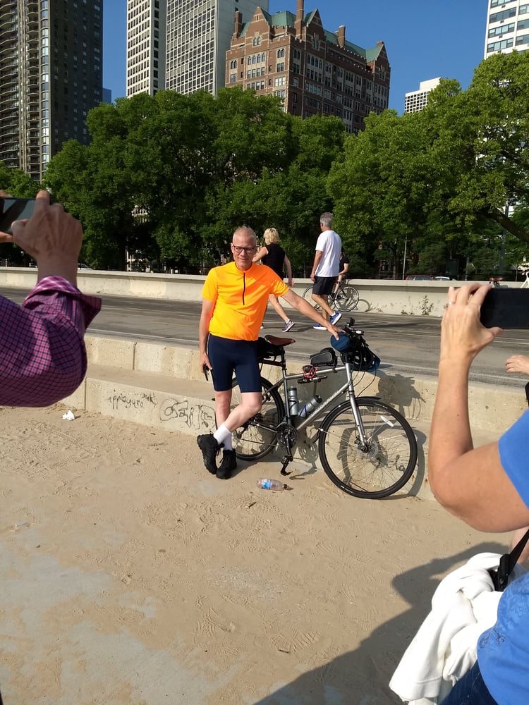 A picture of Joe as he starts his 1600 bicycle journey around Lake Michigan.