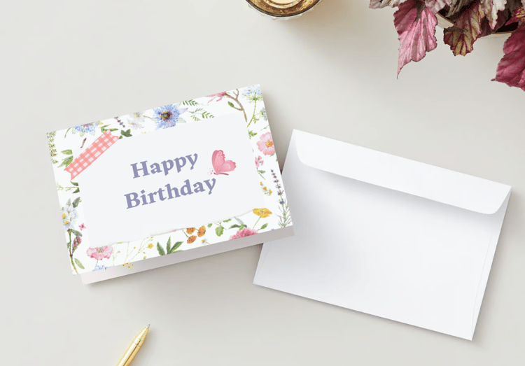 Cute Pastel Floral Photo Frame Folded Card Landscape | Customizable Canva Template | Digital. Mock outside front