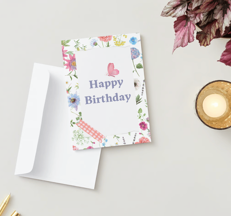 Cute Pastel Floral Photo Frame Folded Card Portrait | Customizable Canva Template | Digital. Mock outside front