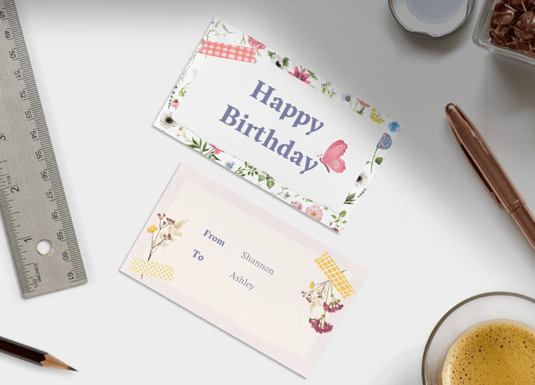 Cute Pastel Floral Photo Frame Gift/Favor Tag | Customizable Canva Template | Digital. Mock front and back