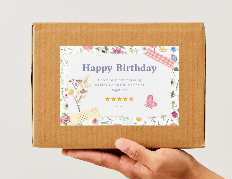 Cute Pastel Floral Photo Frame Sticker Label 6"x4" | Customizable Canva Template | Digital. Mock sticker on box