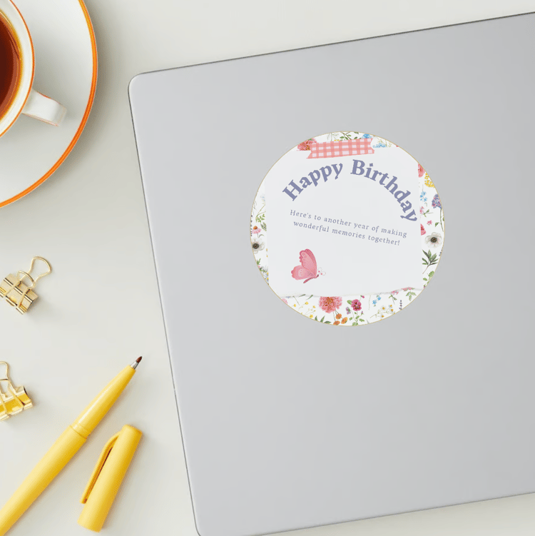 Cute Pastel Floral Photo Frame Circle Sticker | Customizable Canva Template | Digital. Mock sticker on laptop