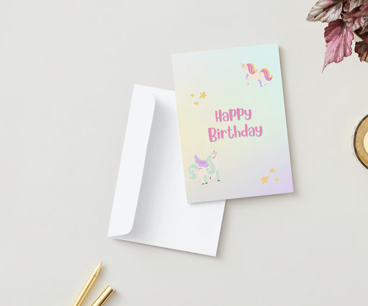 Magical Unicorn Photo Frame Folded Card Portrait | Customizable Canva Template | Digital. Mock outside front